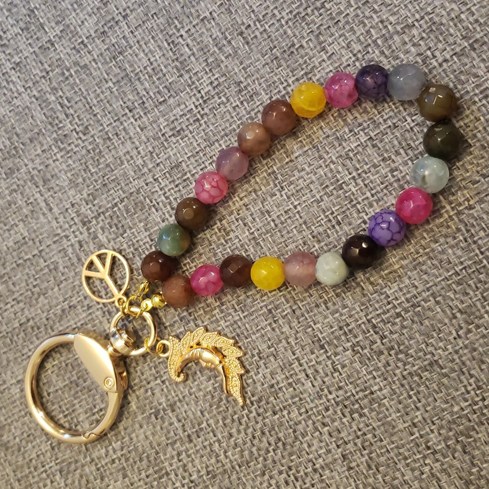 Bohemian Multicolor Agate Beaded Bag Charm with Gold Accents